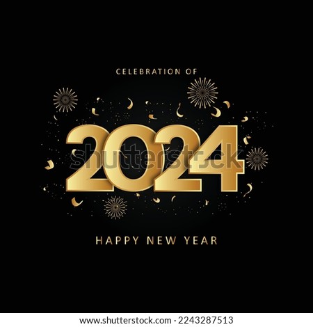 New year 2024 celebrations gold greetings poster isolated over black background.