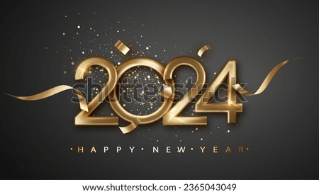 New year 2024 celebrations with gold realistic metal number. Premium Vector Design for Happy New Year and Christmas greetings