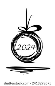 New Year 2024. Christmas doodle design. Sloppily painted Christmas ball on a white background. Vector illustration