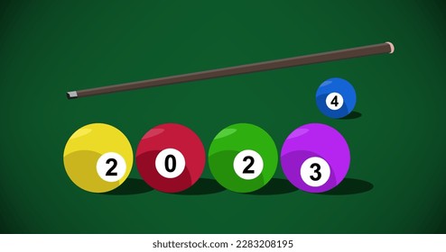 New year 2024 is coming. Billiard balls with numbers. New year 2024 concept with billiard balls and cue stick on pool table. Flat Vector illustration