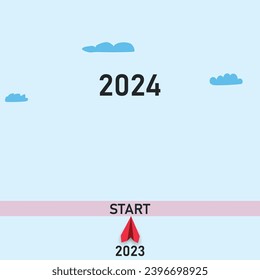 New year 2024 concept, beginning of success airplane in 2023. Challenge or career path and change concept.