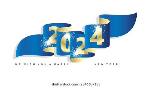 New Year 2024 concept design template with sparkle firework 2024 front on blue golden wavy ribbon. Premium vector design for poster, banner, greeting card. New Year 2024 celebration