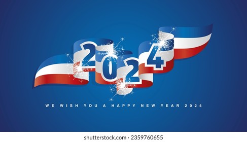 New Year 2024 concept design template with sparkle firework 2024 front on France wavy flag ribbon. Premium blue white red france wavy flag ribbon vector design for poster, banner, greeting card