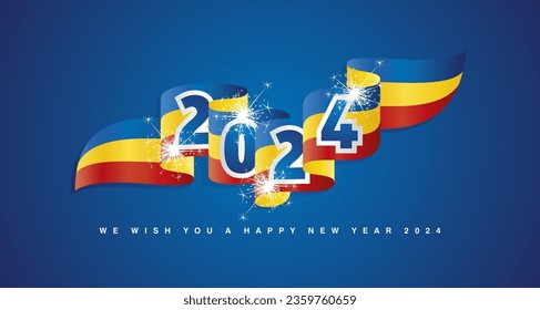New Year 2024 concept design template with sparkle firework 2024 front on Romania wavy flag ribbon. Premium blue yellow red Romania wavy flag ribbon vector design for poster, banner, greeting card