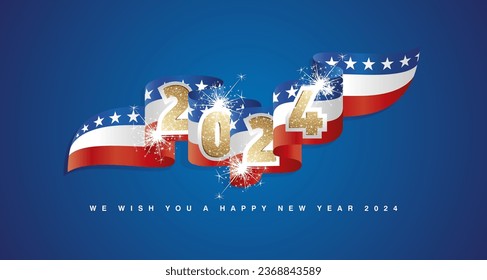 New Year 2024 concept design template with golden glitter 2024 front on USA wavy flag ribbon. Sparkle firework 2024 premium gold blue white red USA wavy flag ribbon vector on blue background