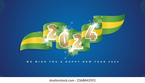 New Year 2024 concept design template with golden glitter 2024 front on Brazil wavy flag ribbon. Sparkle firework 2024 premium gold green yellow Brazil wavy flag ribbon vector on blue background