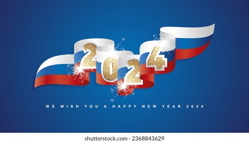 New Year 2024 concept design template with golden glitter 2024 front on Slovenia wavy flag ribbon. Sparkle firework 2024 premium gold white blue red Slovenia wavy flag ribbon vector on blue background
