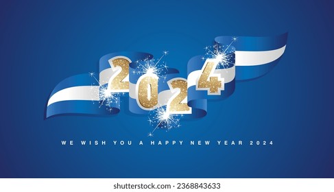 New Year 2024 concept design template with golden glitter 2024 front on Greece wavy flag ribbon. Sparkle firework 2024 premium gold blue white El Salvador wavy flag ribbon vector on blue background