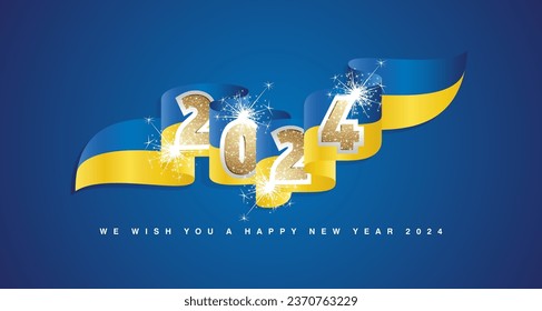New Year 2024 concept design template with golden glitter 2024 front on Ukraine wavy flag ribbon. Sparkle firework 2024 premium gold blue yellow Ukraine wavy flag ribbon vector on blue background