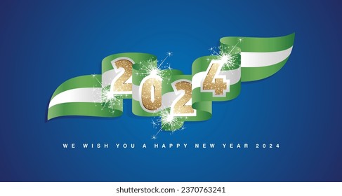 New Year 2024 concept design template with golden glitter 2024 front on Nigeria wavy flag ribbon. Sparkle firework 2024 premium gold light green white Nigeria wavy flag ribbon vector on blue