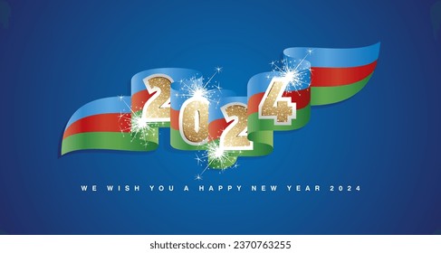 Plantilla de diseño de concepto de Año Nuevo 2024 con brillo dorado frente 2024 en la cinta de bandera ondulada de Azerbaiyán. Fuegos artificiales 2024 oro premium azul claro rojo verde azul azul bandera ondulante de Azerbaiyán vectores de cinta ondulada azul