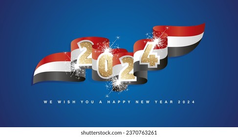 New Year 2024 concept design template with golden glitter 2024 front on Egypt wavy flag ribbon. Sparkle firework 2024 premium gold red white black Syria wavy flag ribbon vector on blue background