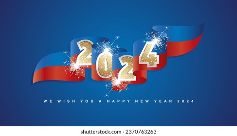 New Year 2024 concept design template with golden glitter 2024 front on Haiti wavy flag ribbon. Sparkle firework 2024 premium gold blue red Haiti wavy flag ribbon vector on blue background