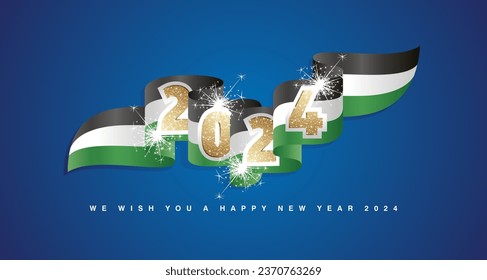 New Year 2024 concept design template with golden glitter 2024 front on Jordan wavy flag ribbon. Sparkle firework 2024 premium gold black white green Jordan wavy flag ribbon vector on blue background