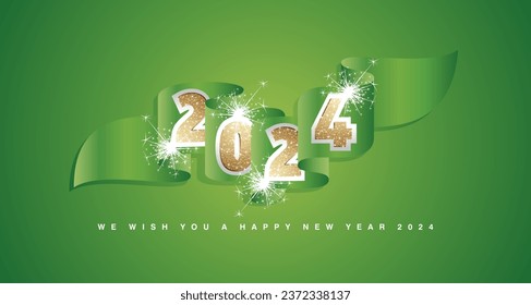 Plantilla de diseño de concepto de Año Nuevo 2024 con brillo dorado frontal de 2024 en cinta de bandera ondulada verde. Esparkle firework 2024 premium oro blanco color verde azul bandera ondulante vector sobre fondo verde