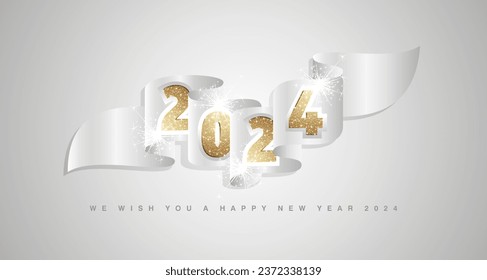 New Year 2024 concept design template with golden glitter 2024 front on silver wavy flag ribbon. Sparkle firework 2024 premium gold white silver wavy flag ribbon vector on grey background