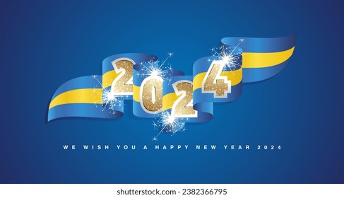 New Year 2024 concept design template with golden glitter 2024 front on Sweden wavy flag ribbon. Sparkle firework 2024 premium gold blue yellow Sweden wavy flag ribbon vector on blue background