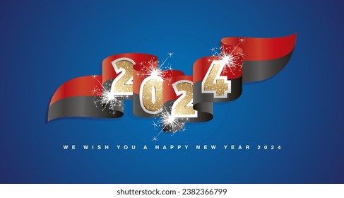 New Year 2024 concept design template with golden glitter 2024 front on Angola wavy flag ribbon. Sparkle firework 2024 premium gold red black Angola wavy flag ribbon vector on blue background