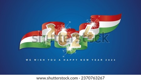 New Year 2024 concept design template with golden glitter 2024 front on Hungary wavy flag ribbon. Sparkle firework 2024 premium gold red white green Hungary wavy flag ribbon vector on blue background
