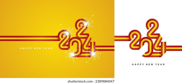 Año Nuevo 2024 cinta continua en forma de 2024. Resumen bandera amarilla roja roja de España forma logo 2024 con fuegos artificiales brillantes aislados en fondo blanco y amarillo naranja
