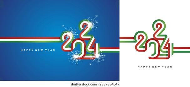 Año Nuevo 2024 cinta continua en forma de 2024. Resumen bandera roja blanca y verde de Italia forma logo 2024 con fuegos artificiales brillantes aislados en fondo blanco y azul