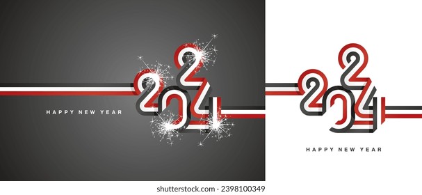 New Year 2024 continuous ribbon in the shape of 2024. Abstract red white black flag of Egypt shape 2024 logo with sparkle firework isolated on white and black background