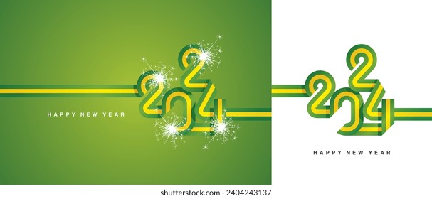 New Year 2024 continuous ribbon in the shape of 2024. Abstract green yellow flag of Brazil shape 2024 logo gift wrapping tape isolated on white and light green background
