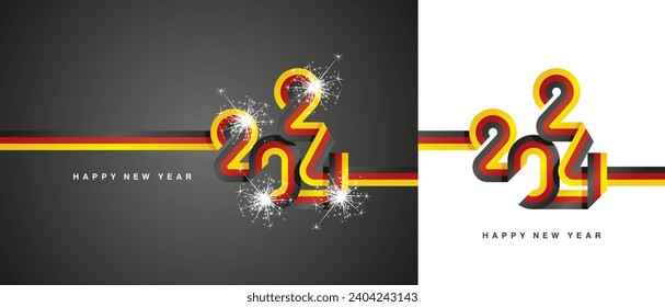 New Year 2024 continuous ribbon in the shape of 2024. Abstract black red yellow flag of Germany shape 2024 logo gift wrapping tape isolated on white and black background