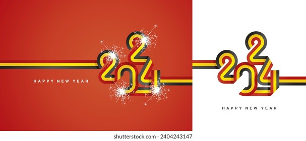 New Year 2024 continuous ribbon in the shape of 2024. Abstract black yellow red flag of Belgium shape 2024 logo gift wrapping tape isolated on white and red background