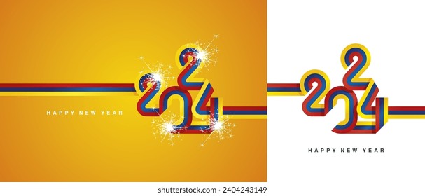 New Year 2024 continuous ribbon in the shape of 2024. Abstract yellow blue red flag of Colombia shape 2024 logo gift wrapping tape isolated on white and yellow orange background