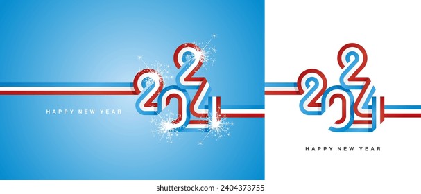 New Year 2024 continuous ribbon in the shape of 2024. Abstract red white light blue flag of Luxembourg shape 2024 logo gift wrapping tape isolated on white and light blue background