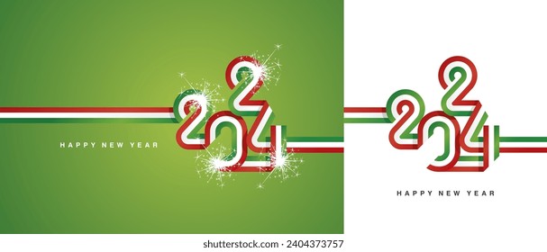 New Year 2024 continuous ribbon in the shape of 2024. Abstract red white green flag of Hungary shape 2024 logo gift wrapping tape isolated on white and green background