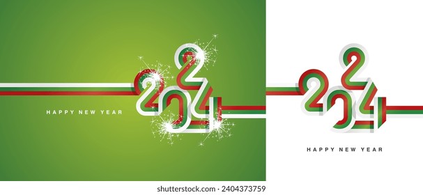 New Year 2024 continuous ribbon in the shape of 2024. Abstract white green red flag of Bulgaria shape 2024 logo gift wrapping tape isolated on white and green background