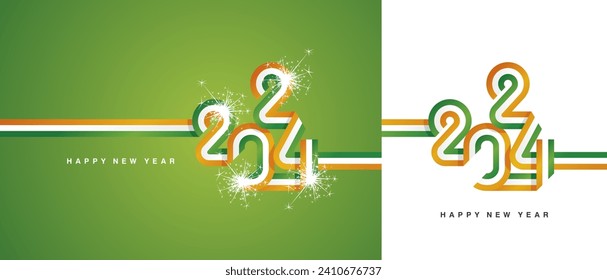 New Year 2024 continuous ribbon in the shape of 2024. Abstract green white orange flag of Ireland shape 2024 logo gift wrapping tape isolated on white and green background