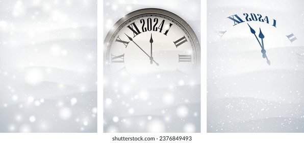 New Year 2024 countdown clock over light background with snow. Set of cards. Vector illustration.