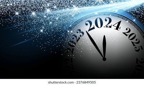 New Year 2024 countdown clock over blue lights with sunbeams on black background. Vector illustration.