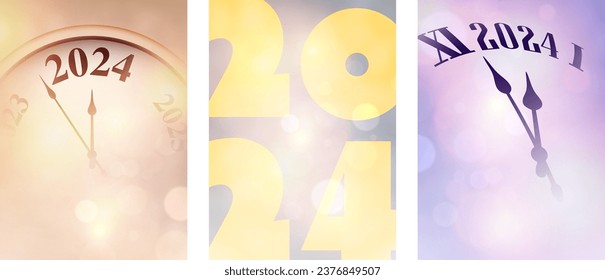 New Year 2024 countdown clock over colourful background with lights. Set of cards. Vector illustration.