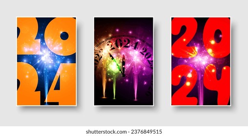New Year 2024 countdown clock on beautiful orange, green and blue fireworks display lights up the sky during night time celebration. Set of cards. Vector illustration.