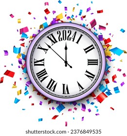 New Year 2024 countdown clock over colourful confetti on white background. Vector illustration.
