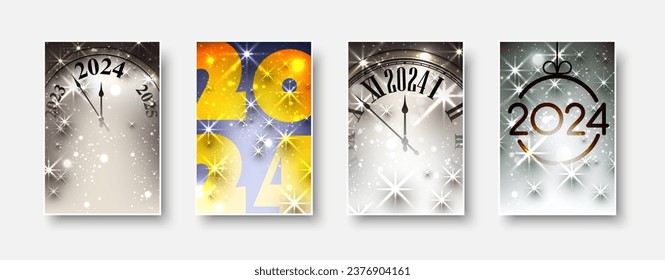New Year 2024 countdown clock over background with glisters and defocused lights. Vertical green and golden banners. Vector illustration.