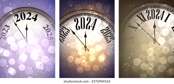New Year 2024 countdown clock over background with glisters and defocused lights. Vertical purple and golden banners. Vector illustration.