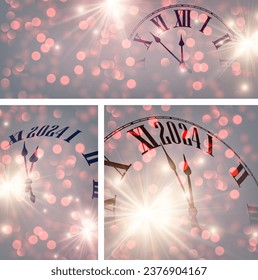 New Year 2024 countdown clock over background with fireworks and defocused lights. Set of Purple banners. Vector illustration.
