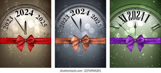 New Year 2024 countdown clock on beautiful colourful background with realistic satin bows. Set of cards. Vector illustration.
