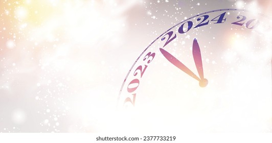 New Year 2024 countdown clock over silver background with fireworks and defocused lights. Vector illustration.