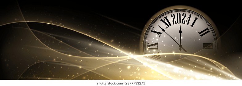 New Year 2024 countdown clock over golden sand with transparent waves on black background. Vector illustration.