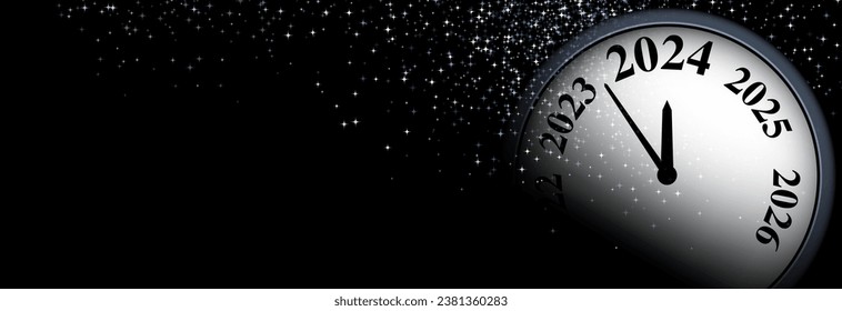 New Year 2024 countdown clock over silver and blue stars on black background. Vector illustration.
