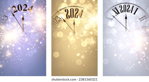 New Year 2024 countdown clock over background with glisters and defocused lights. Vertical purple and golden banners. Vector illustration.