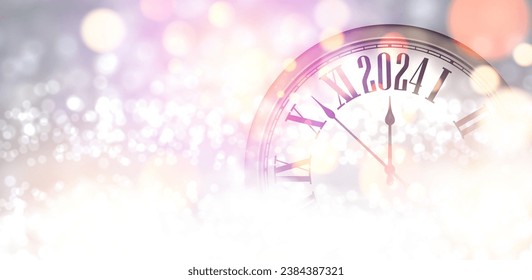 Reloj de cuenta regresiva de Año Nuevo 2024 sobre fondo plateado con ampollas y luces desenfocadas. Ilustración vectorial.