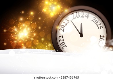 New Year 2024 countdown clock with golden blurred lights and fireworks. Vector illustration.