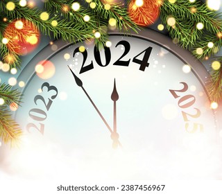 New Year 2024 countdown clock with golden blurred lights and green fir branches. Vector illustration.